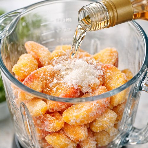 Step 1: Combine Your Frozen Peaches, Schnapps, and Sugar