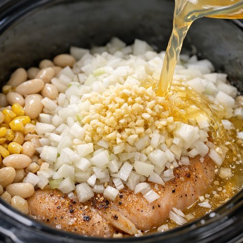 Step 2: Layer in the Vegetables, Beans, and Broth
